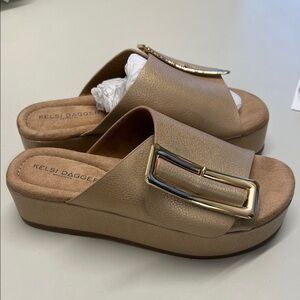 Kelsi Dagger Women's Beige Mules with Gold Buckle